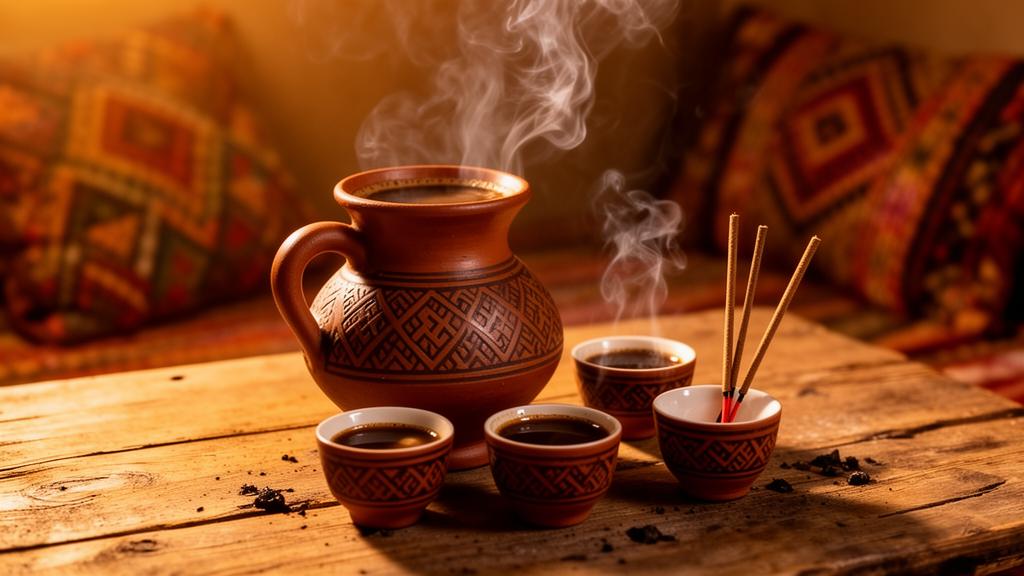 Traditional Ethiopian coffee ceremony with jebena pot, cups, and burning incense