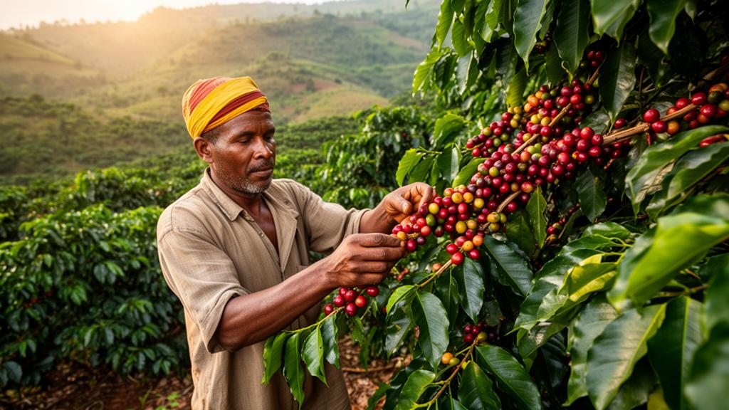 Ethiopian farmer hand-picking ripe coffee cherries on a highland plantation