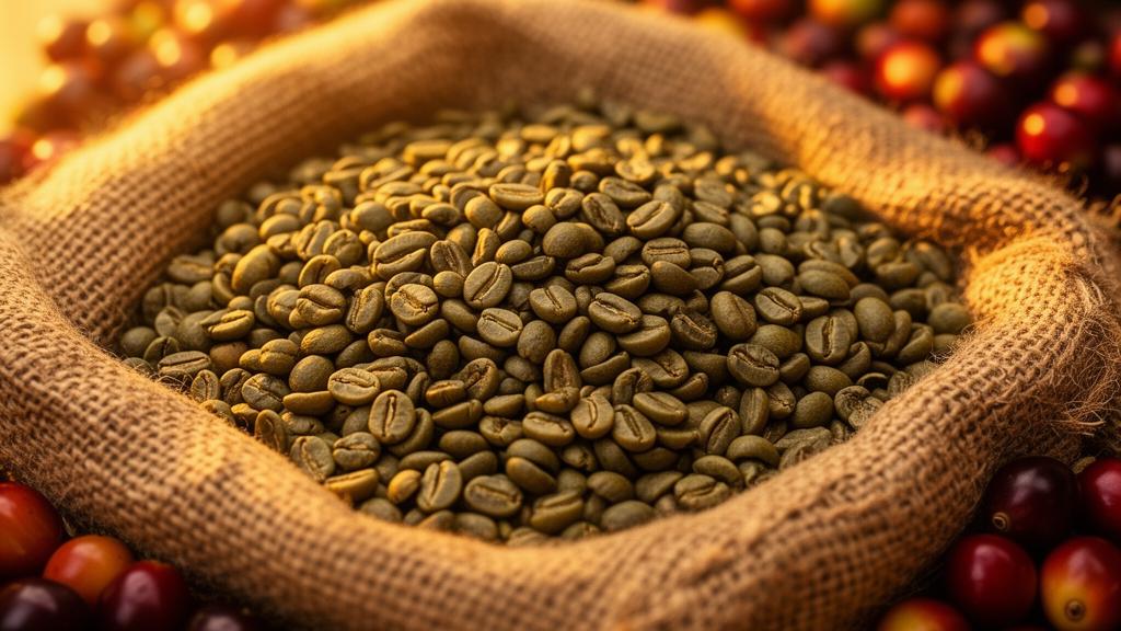 Ethiopian green coffee beans on burlap sack with ripe coffee cherries